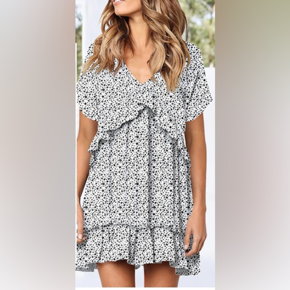 Women White Summer Dress V Neck Short Sleeve Ruffle Casual Loose Swing Dresses